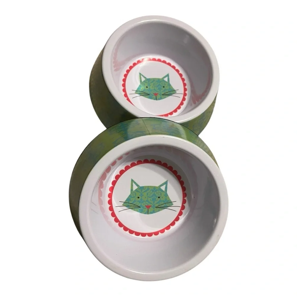 Cat food & water bowls melamine green blue pink cat face in bottom kitch phrase.